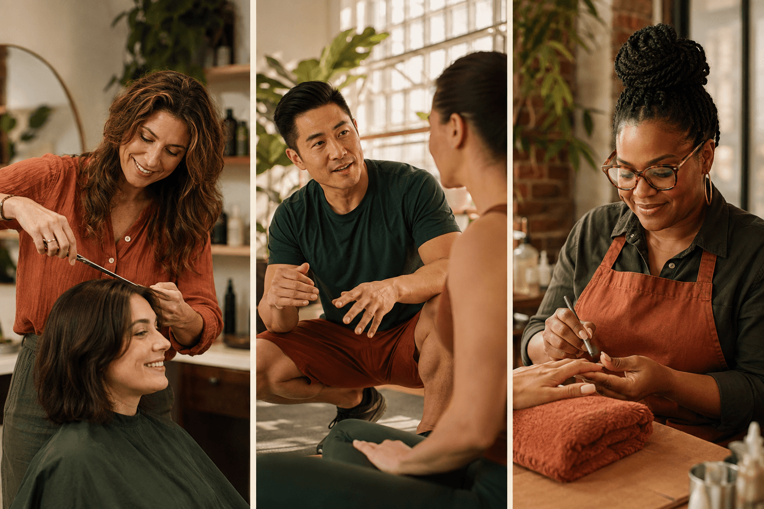 Illustrations of everyday connections: a stylist, trainer, and nail artist working with clients.